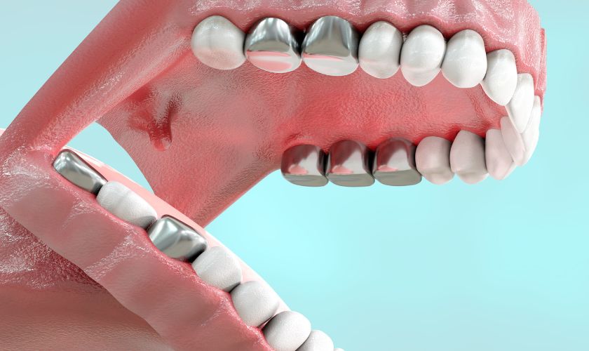 3D dental model showing inflamed gums, metal crowns, and tooth structures against blue background.